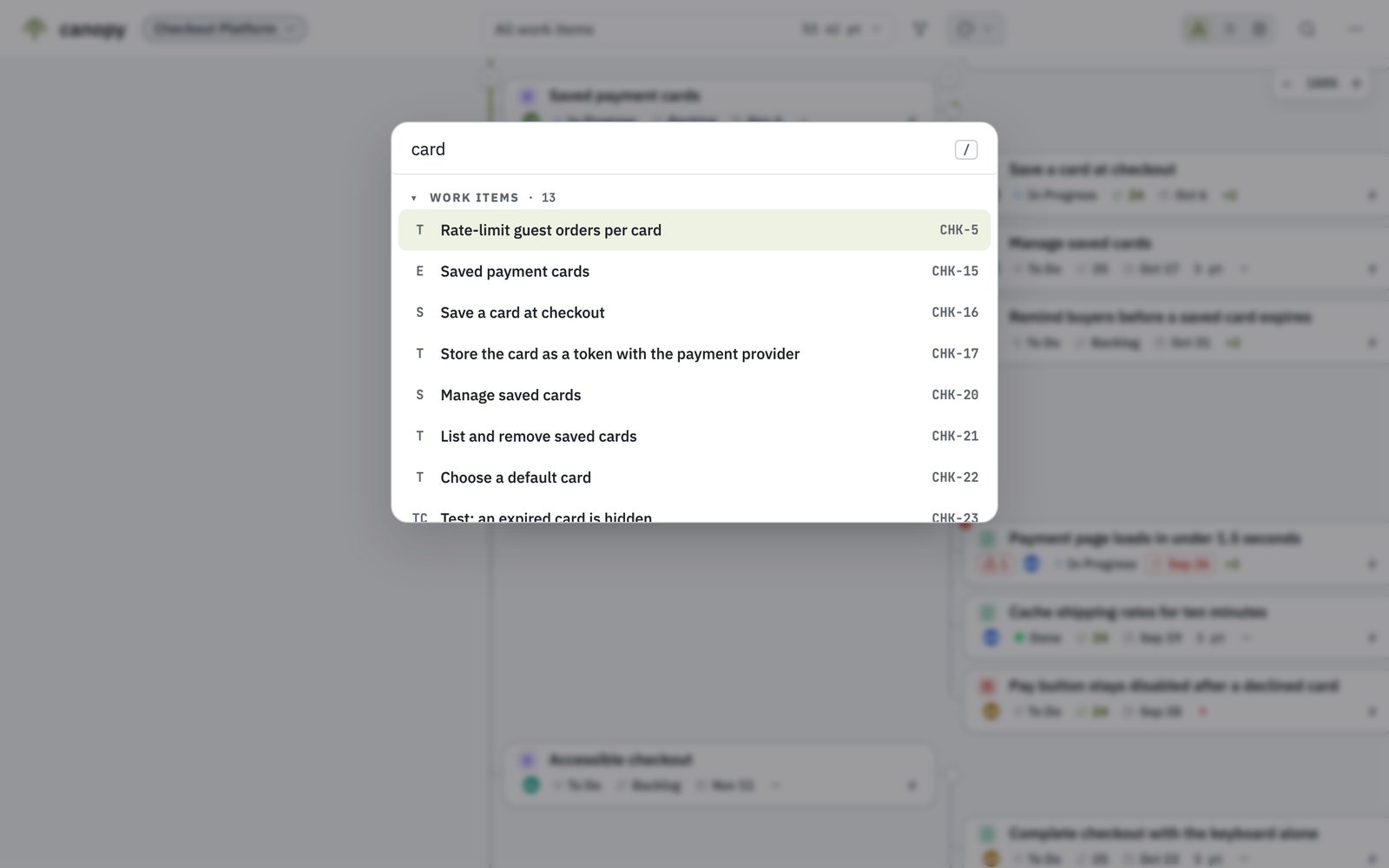 The search box open over the tree, listing the work items that match “card”